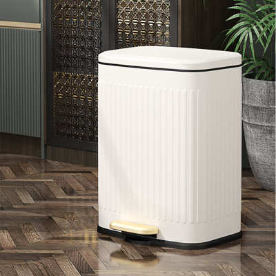 MRBIN Bathroom Trash Can with Lid, Step Small Kitchen Waste Basket Touchless Soft Close, 12L / 3.2gal Metal Rectangle Garbage Bucket with Stainless Steel Pedal for Office, Bedroom Accessories, White