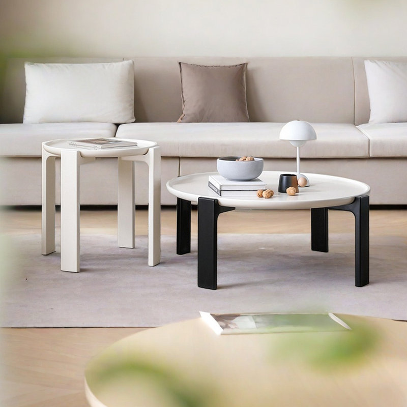Table basse ronde avec pieds en chêne, Noir / blanc, Blanc / Blanc