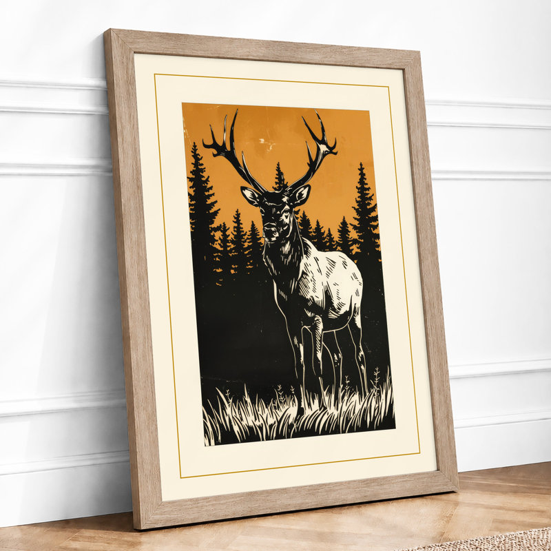 Deer in Silhouette Rustic - Framed Print, A3 - 42.0 x 29.7 cm, Oak