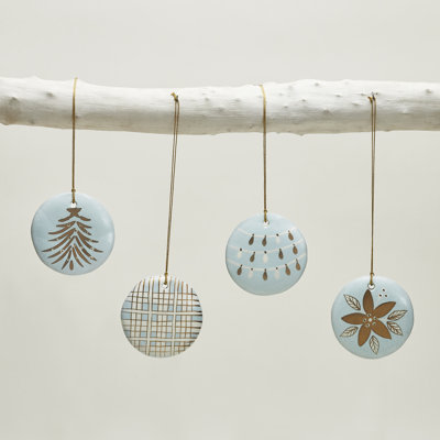 Blue Frost 4" Dia Hand-Painted Paper Mache Ornaments Set of 4