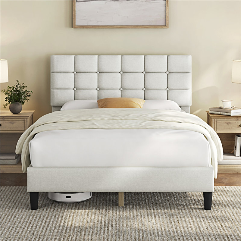 Lit plateforme tapissier Contemporary, Double, Beige
