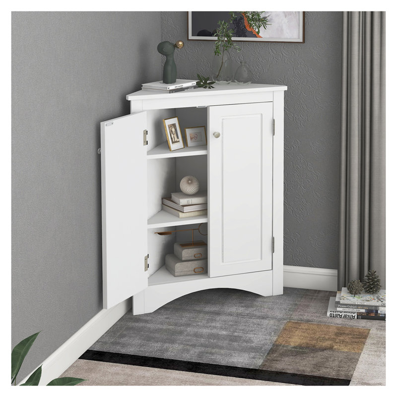 White Corner Bathroom Storage Cabinet with Adjustable Shelves - Freestanding Floor Cabinet for Small Space Organization