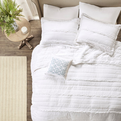 Ensemble de courtepointe en microfibre 4 pièces avec motifs à volants et coussin décoratif - Élégance décorative glamour