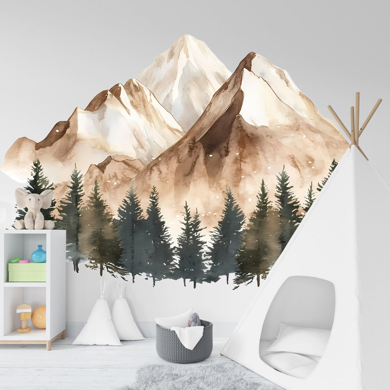 Décalcomanie murale en vinyle - motif de forêt de montagne et de pin, H 20 po x l 23 po