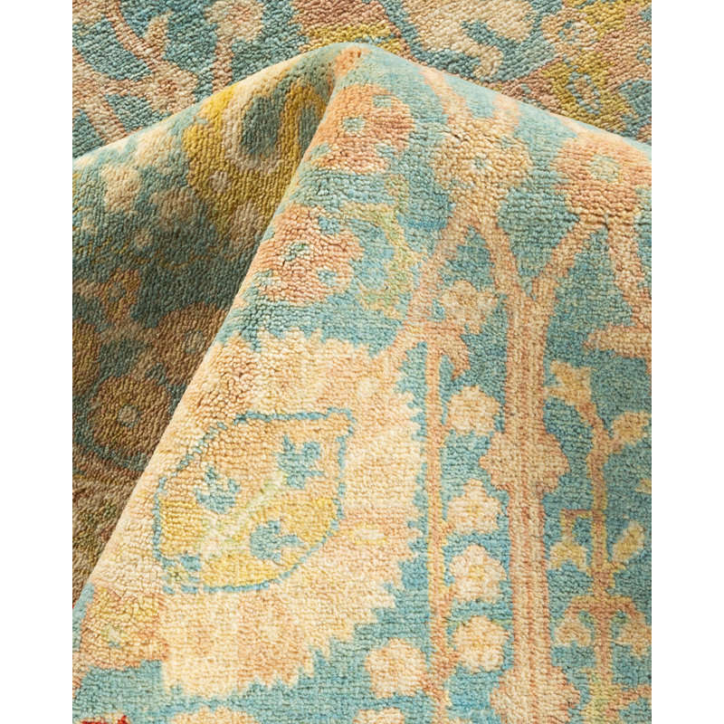Tapis unique en laine noué à la main 6 pi x 9 pi 3 po nouvel âge bleu clair / beige / rouge