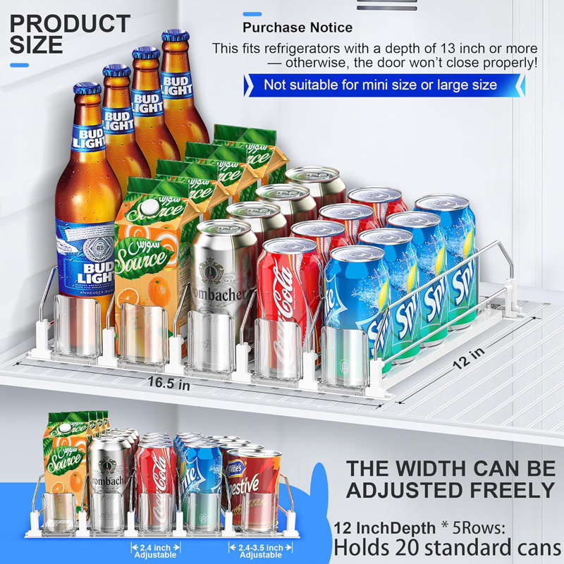 Organisateur de boissons pour réfrigérateur, distributeur de boissons amélioré pour réfrigérateur, glissière à poussoir automatique, 12 oz 16 oz - distributeur de canettes pour réfrigérateur - peut contenir jusqu'à 20 canettes - 5 rangées blanc