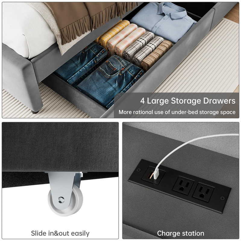 Upholstered Bed Frame With 4 Drawers,Diamond Tufted Bed Frame With Charging Station, Grey, King