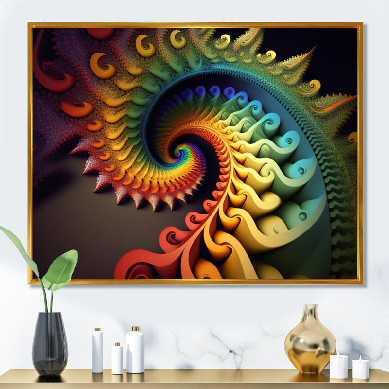 «White Fractal Spiraling I», art mural moderne sur toile géométrique, L 20 po x H 12 po, Cadre flottant doré