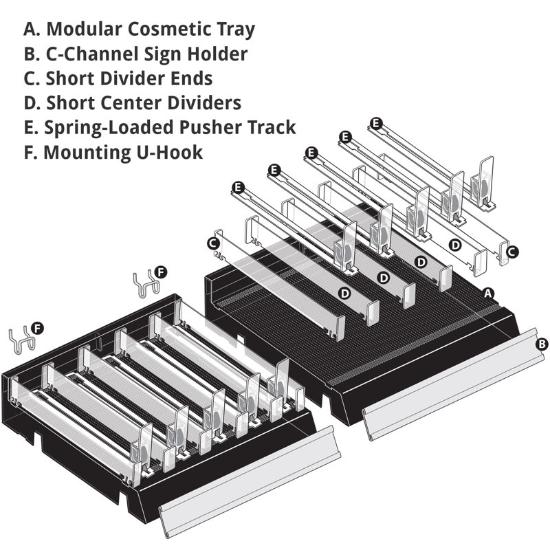 Adjustable Short Divider Bin Cosmetic Tray With Pushers - Customize Slot Size To Product, Clear, 2-Pack