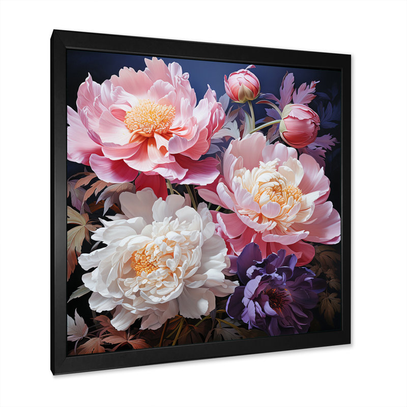 Art asiatique pivoines en rose II - impression, H 16 po x l 16 po x P 1 po, Cadre simple noir