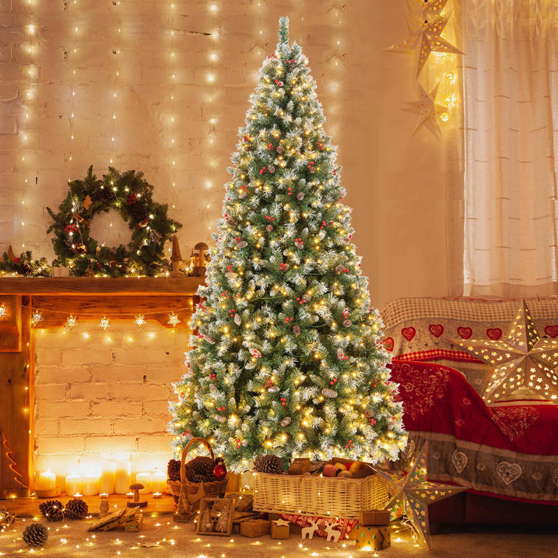 The Holiday Aisle® 7.5 Ft Artificial Christmas Tree Hinged With 560 Warm Led Lights & 267 Red Berries, 9 pi