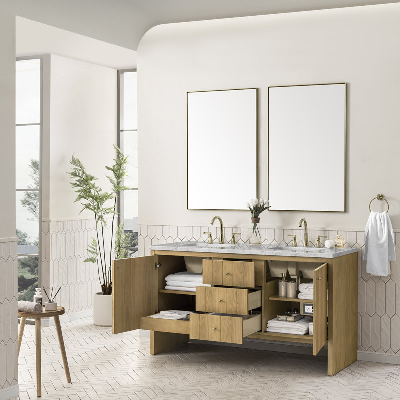 Hudson 60" Double Vanity, Light Natural Oak W/FreePower Wireless Charger, Eternal Jasmine Pearl, Light Natural Oak
