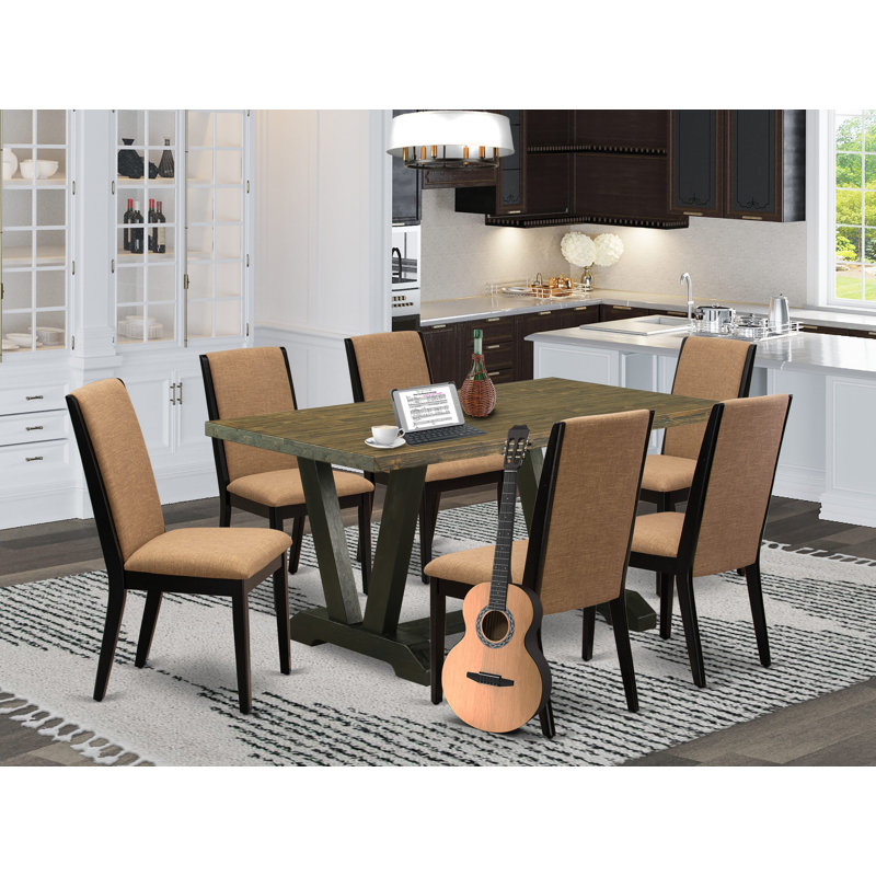 7-Pc Set Includes a Distressed Jacobean Dinner Table and 6 Light Sable Linen Fabric Padded Chairs - Wire Brushed Black Finish