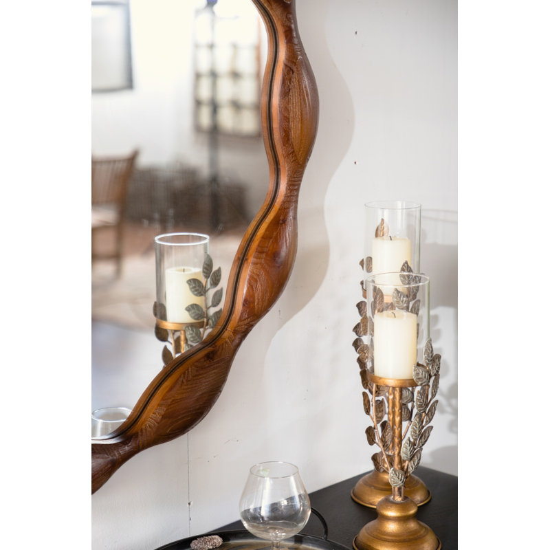 Miroir rond en bois massif, miroir mural décoratif rustique ondulé rustique - noyer