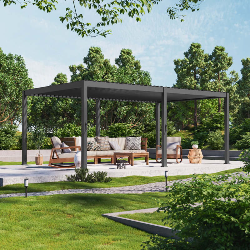 Outdoor Aluminum Pergola with Adjustable Louvers and Concealed Water Drainage System, Gray, 12 ft x 20 ft