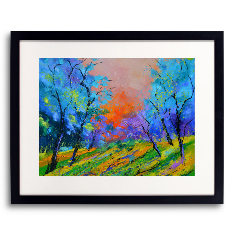 Coucher de soleil dans le bois par Pol Ledent - Peinture, Papier avec cadre noir, 24" H x 30" W