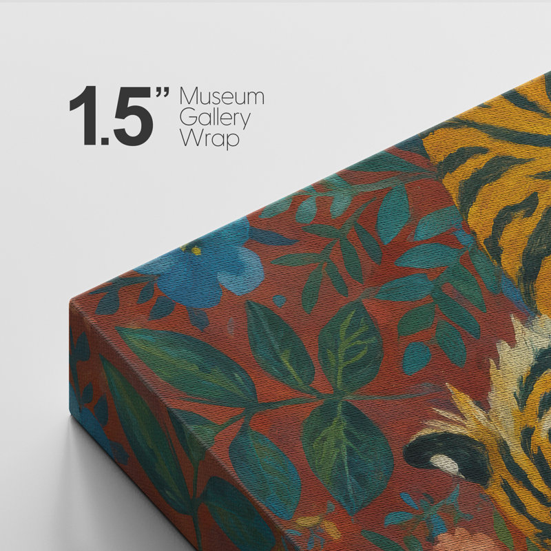 «Majestic Tiger Entoured by Colorful Botanical Accents on Deep Tones», reproduction d'art sur toile encadrée, Toile tendue