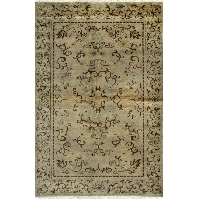 Green Hand-Knotted Wool Detailed Floral Scrollwork Geometric Modern Contemporary Carpet Rug, 6' x 9'