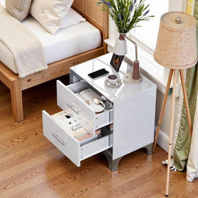 Modern High Gloss 2-Drawer Nightstand With Metal Handles For Bedroom
