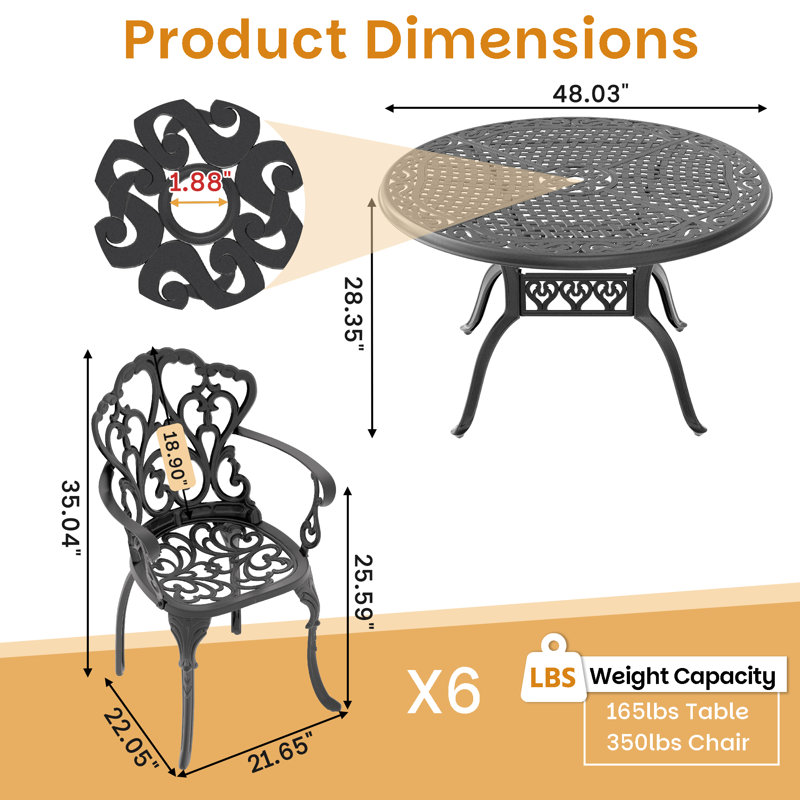 Ensemble de salle à manger d'extérieur rond 6 personnes 48,03 po avec trou pour parasol, 6 fauteuils, coussins beiges, 6