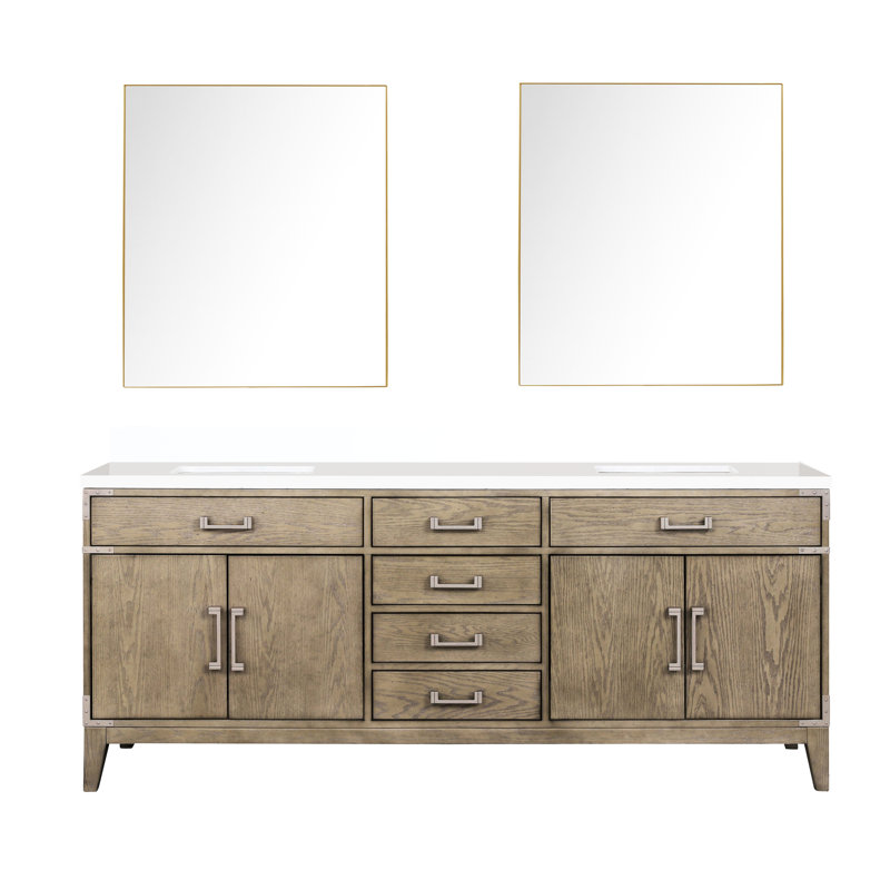 80 po W Double meuble-lavabo en chêne gris avec plateau en marbre de culture, 36 miroirs et tiroirs à fermeture en douceur pour le rangement Deux compartiments intérieurs organisés à la main