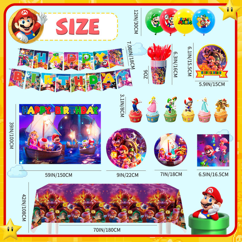 Super Mario Birthday Party Decorations, 112 Pcs Super Mario Party Supplies & Super Mario Party Tableware for Kids Set
