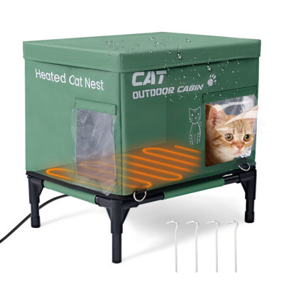 Heated Outdoor Cat House with Dual Escape Doors, Weatherproof Insulated Feral Cat Shelter, Warm Kitty House for Winter Outdoor Use