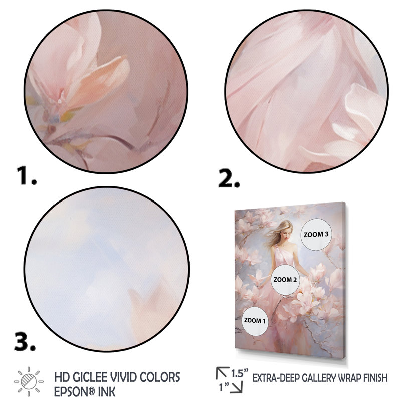 «White Pink Magnolias», impression romantique sur toile, H 32 po x l 16 po x P 1 po, Cadre naturel flottant