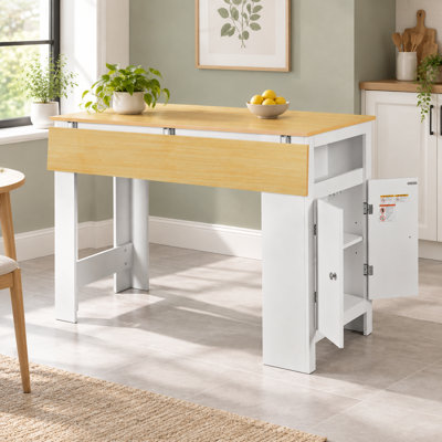 Buffet 3-en-1 avec plateau de table pliable et plateau en grain de marbre, armoire de rangement en MDF blanc et naturel pour la cuisine et la salle à manger