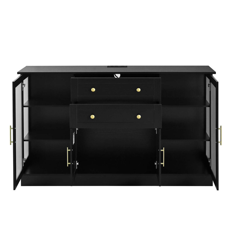 Buffet moderne 58,3 po avec 4 portes et 2 tiroirs, tablettes réglables, prise de courant, panneaux en acrylique, poignées en alliage d'aluminium