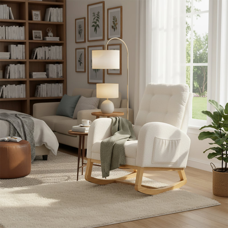Chaise berçante classique rembourrée avec repose-pieds réglables, Beige White