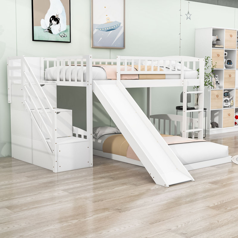 Eutimia Twin Over Twin Wood L-Shaped Bunk Bed with Slide and Storage Staircase, Pink