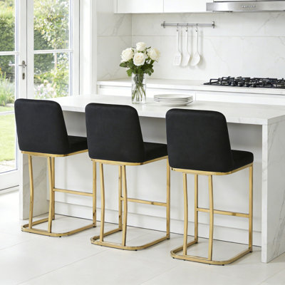 Ensemble de 3 tabourets de bar rembourrés à hauteur de comptoir avec structure en métal, tabourets dorés sans accoudoirs