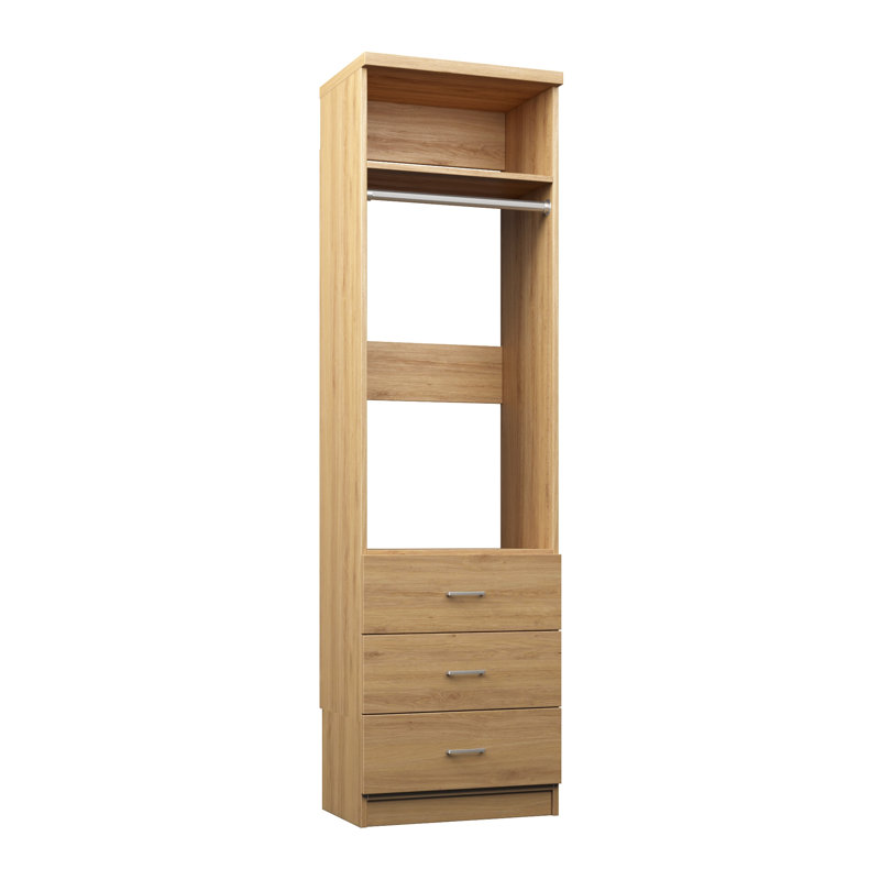 Natural Oak 19.5" Floor-Mounted Closet Section with 1 Clothing Rod, 1 Shelf & 3 Slab Drawers, 19.5, Natural Oak