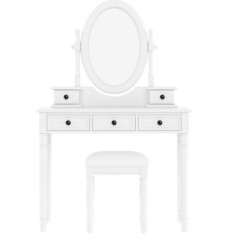 Coiffeuse blanche avec miroir à angle de 180 degrés, 5 tiroirs doublés de velours et tabouret confortable, coiffeuse de style rétro pour chambre à coucher avec rangement ovale réglable assorti en bois massif