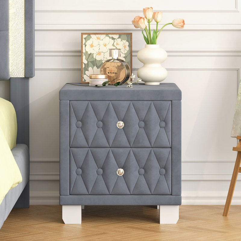 Élégante table de chevet en velours avec 2 tiroirs et poignée en cristal, table de chevet avec capitonnage à boutons, gris
