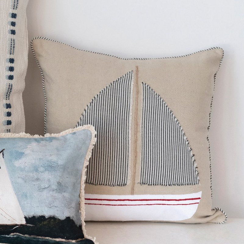 Beige Cotton Pillow with Appliqued Boat and Striped Piping