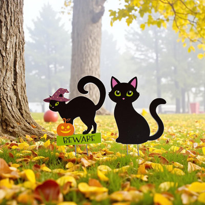 Piquets de jardin Chat Noir pour l'Halloween, ensemble de 2