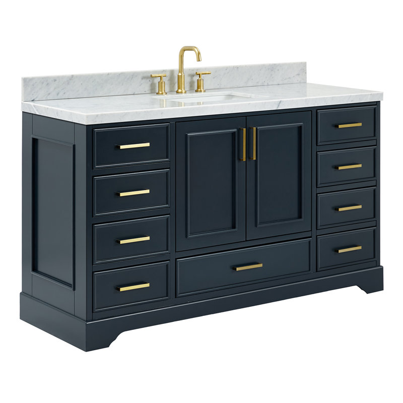 61'' Single Bathroom Vanity with Carrara Marble Top, Midnight Blue