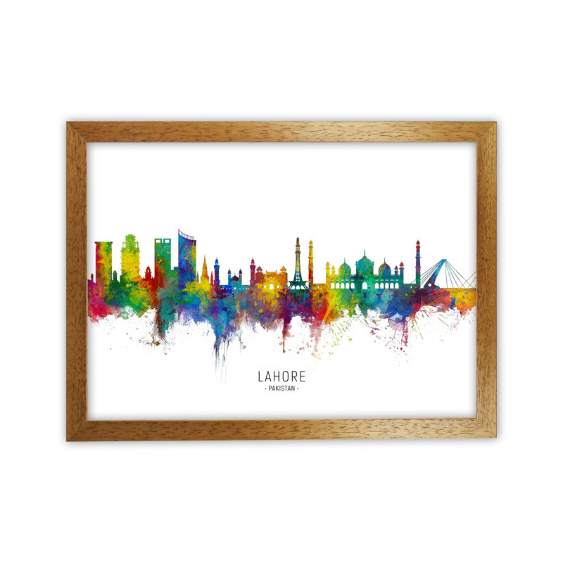Lahore Pakistan Skyline by Michael Tompsett - Print, 25cm H x 34cm W x 3cm D, Brown Framed