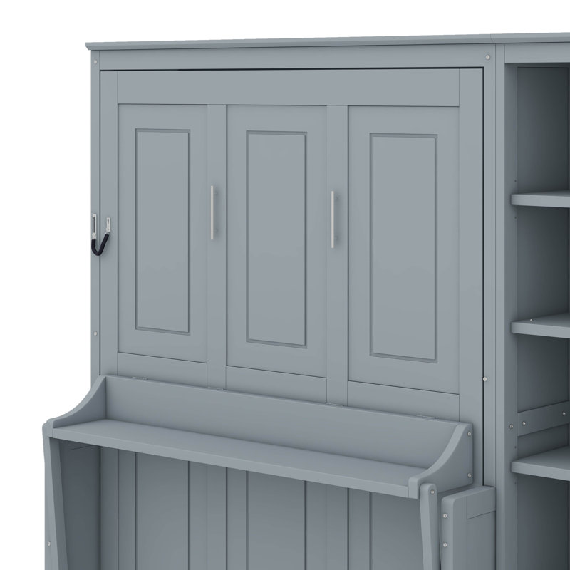 Lit escamotable double avec bureau et bibliothèque, gris, Double