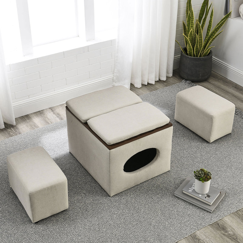 Upholstered Ottoman, Solid Color, Polyester Blend, Beige