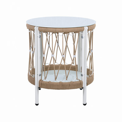 17.32" Bohemian Garden Accent Outdoor Side Table - Handwoven Rope With Powder-Coated Steel Frame, Glass Top, Small Patio End Table For Drinks
