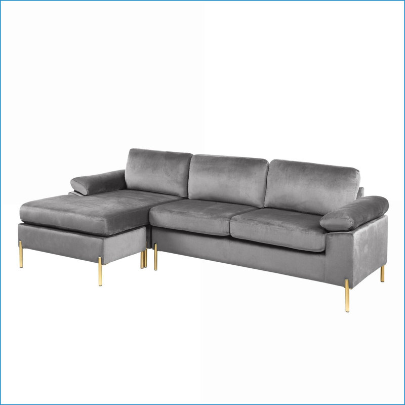 Sectional Sofa with Chaise – Mid-Century Modern Plush Velvet for Movie Nights | Slate Gray | Velvet
