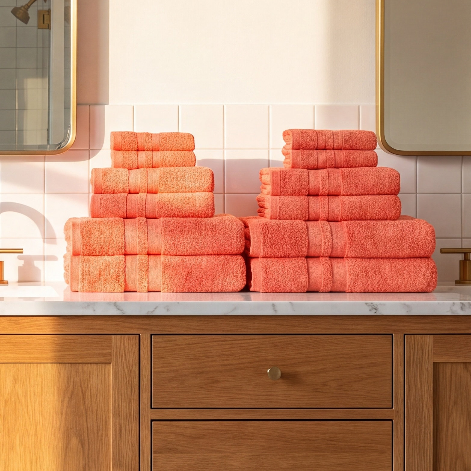 Quick-Drying Dobby Border Cotton Towel Set, Tangerine