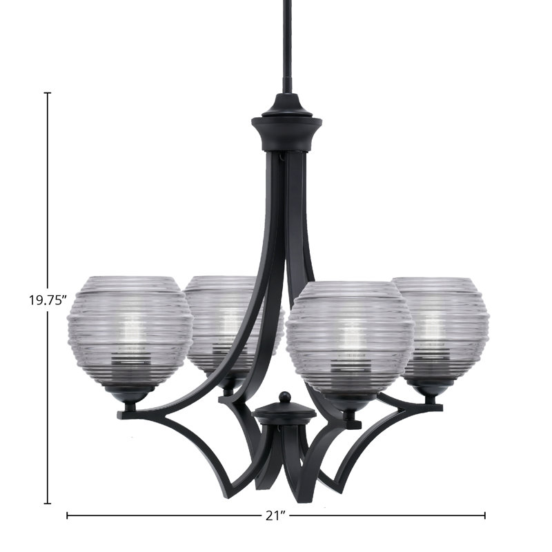 Lustre 4 lumières Zilo avec verre fumé nervuré 6 po Zilo, Noir mat