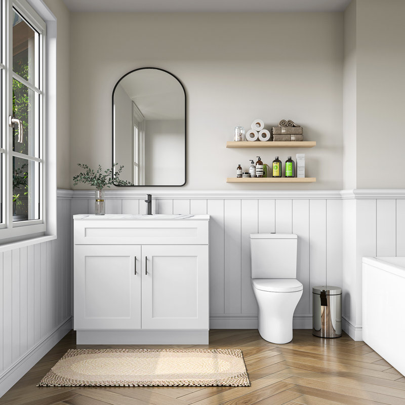 Armoire de salle de bain en bois massif prêt à assembler avec comptoir Shaker - comptoir non inclus, Blanc