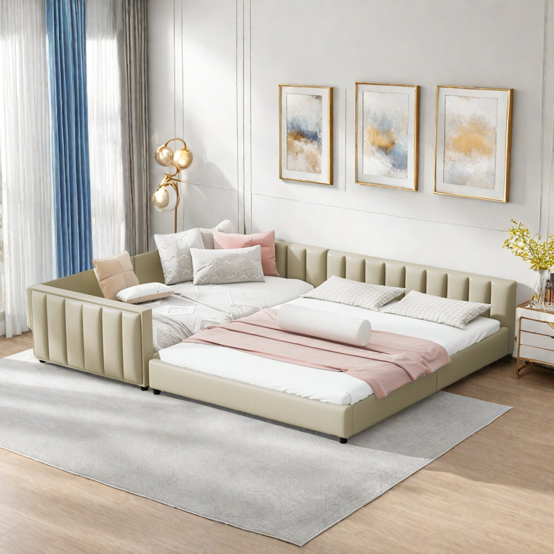 Élégant lit pour mère et enfant avec cadre rembourré profilé, Beige