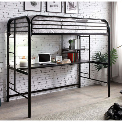 Lit avec structure en métal de style contemporain et échelle attachée sous les tablettes et le poste de travail avec garde-corps