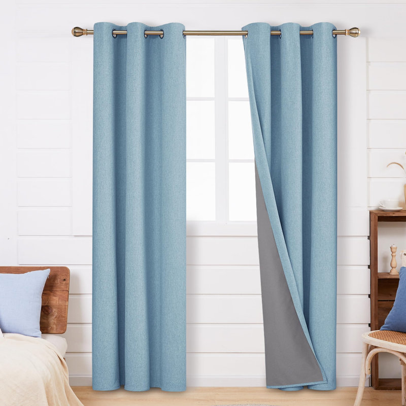 Total Blackout Faux Linen Plaid Printed Grommets Top Curtain Panels (Set of 2), Cream, 42" W x 84" L
